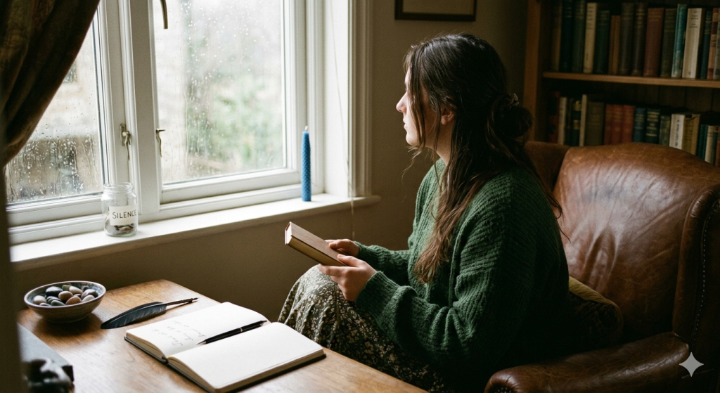 A woman in a green sweater sits in a leather chair by a rainy window, holding a book in a cozy, library-like room with a blue candle and a journal on a wooden desk.