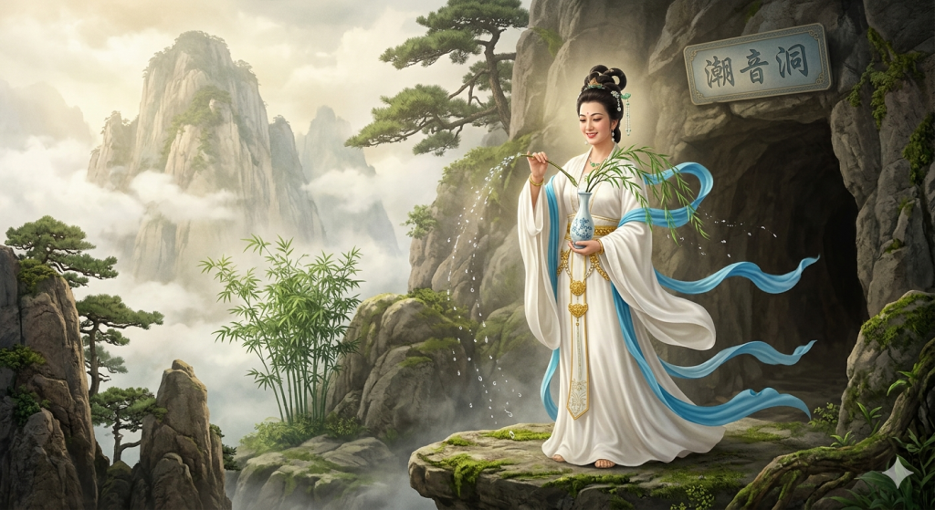 An elegant, serene depiction of the Chinese goddess Kuan-Yin standing on a rocky ledge in a misty mountain landscape. She wears a radiant white silk robe with fluttering blue sashes and a golden belt. Her dark hair is styled in an intricate, high bun adorned with jade and pearls. She holds a porcelain vase filled with weeping willow branches, using a wand to cast droplets of healing water into the air. In the background, green bamboo grows near the entrance of a dark cavern, above which hangs a stone sign with Chinese calligraphy. Mist-shrouded peaks rise in the far distance.