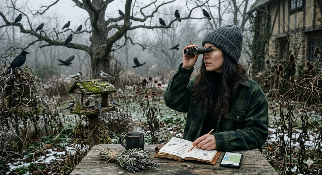 A person wearing a warm flannel shirt and beanie sits at a weathered wooden table in a misty, winter garden, observing birds through vintage binoculars while taking notes in a journal.