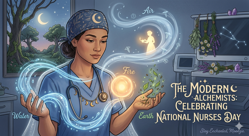 A digital illustration of a nurse in blue scrubs and a celestial-patterned cap, holding glowing elemental energies of water, fire, and earth in her hands within a clinical setting.
