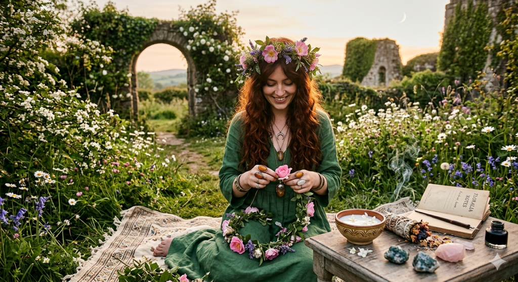 A woman with long red hair wearing a green dress and flower crown sits in a lush meadow of wildflowers. She is weaving a pink rose into a floral wreath, surrounded by ancient stone ruins, ritual crystals, a bowl of milk, and a journal titled 'Floralia Notes.'