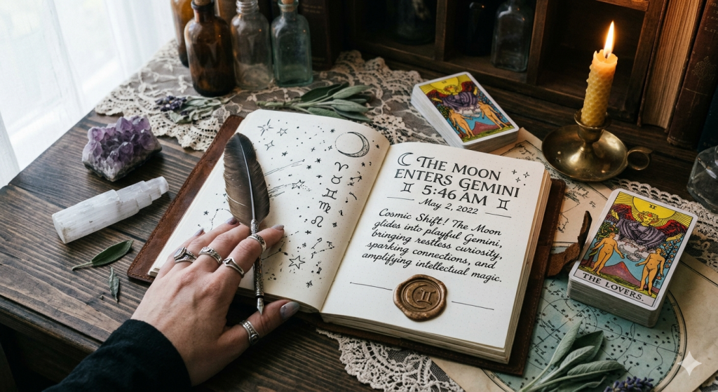 A top-down view of a witchy wooden desk featuring an open journal with handwritten text about the Moon entering Gemini at 5:46 AM on May 2, 2022, alongside a beeswax candle, tarot cards, and crystals.