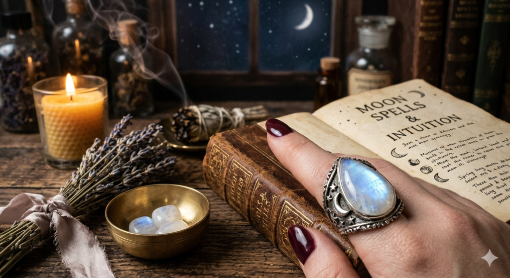 A close-up of a hand with dark burgundy nails wearing a large, iridescent moonstone ring, resting on an open vintage spellbook surrounded by a beeswax candle, dried lavender, and a brass bowl of tumbled moonstones under a starry night window.