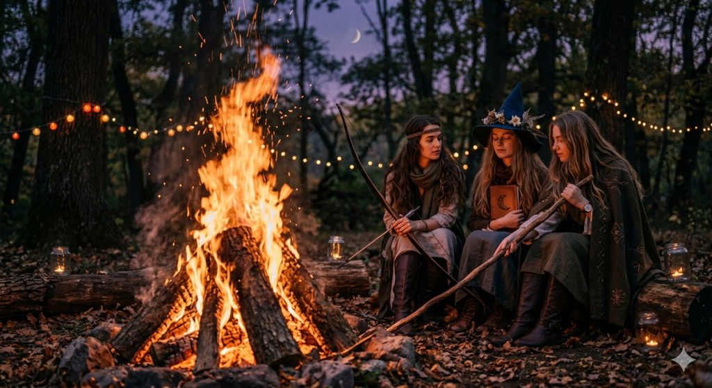 A group of three women in mystical, earth-toned cloaks and a witch’s hat sit by a large bonfire in a dark forest at night, holding a bow and a leather journal.