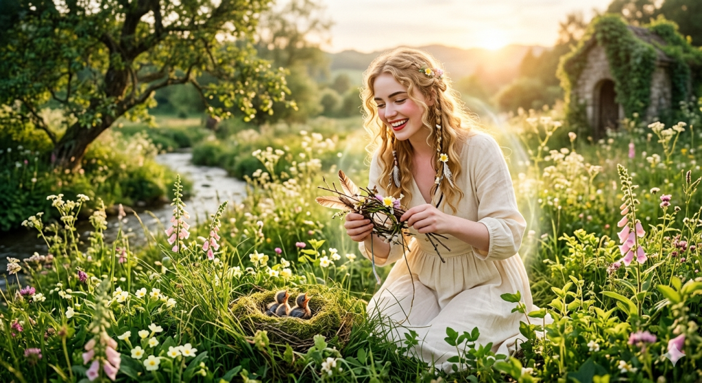 A blonde woman in a white dress smiles warmly as she kneels in a lush, sunlit meadow beside a winding stream, holding a bundle of twigs and flowers near a bird's nest with chirping chicks.