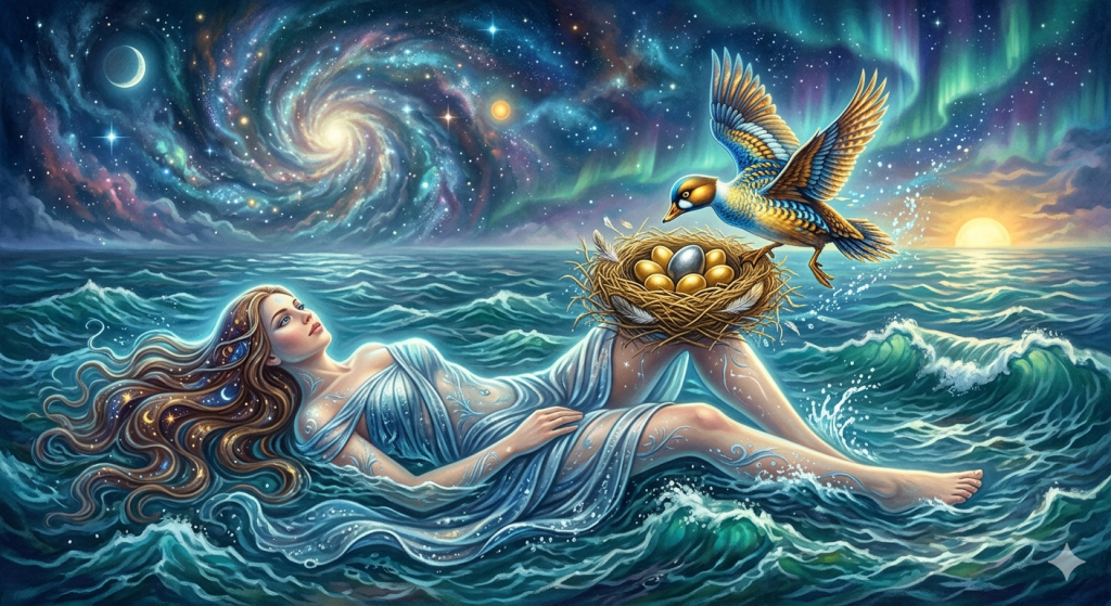 A digital painting of Luonatar, the Finnish water mother, floating on a turbulent teal ocean beneath a cosmic sky. A brightly feathered bird hovers near a nest built on her raised knee, which contains several golden eggs and one central iron egg.