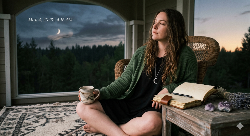 A young woman with long wavy hair sits cross-legged on a porch at 4:16 AM, holding a marble mug next to a leather-bound journal and amethyst crystals, with a crescent moon visible through the window.