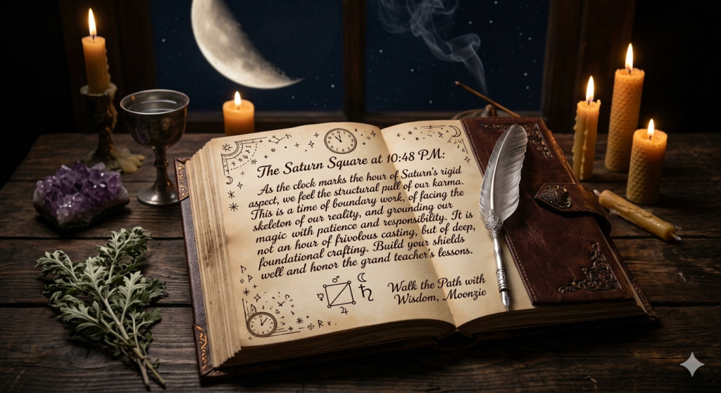 A wide-angle shot of an open, ancient leather-bound grimoire on a wooden desk, surrounded by lit candles, incense, crystals, and herbs, with a crescent moon visible through a window in the background.