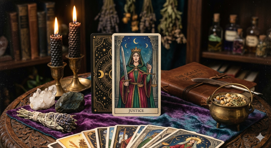 A mystical, atmospheric altar scene featuring the Justice tarot card at the center, accompanied by black candles, a leather journal, a brass cauldron, and crystals on a velvet cloth.