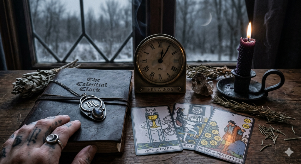 A witch's workspace on a wooden table, featuring a leather-bound book titled "The Celestial Clock," a vintage desk clock set to February 7, 2026, tarot cards (Ace of Cups, Death, Seven of Pentacles), a Scorpio zodiac pendant, and a burning purple candle in front of a window.