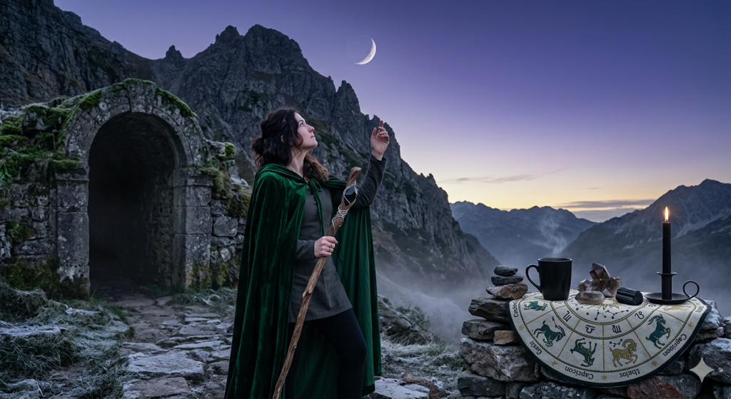 A woman in a green velvet cloak stands on a misty mountain path at dawn, holding a wooden staff and looking up at a crescent moon. Beside her, a stone altar holds a steaming mug, a black candle, and crystals.