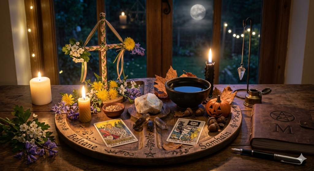 A split-themed ritual altar on a wooden table featuring Beltane symbols like yellow flowers and a miniature Maypole on the left, and Samhain symbols like a small pumpkin, dried leaves, and a black scrying bowl on the right.