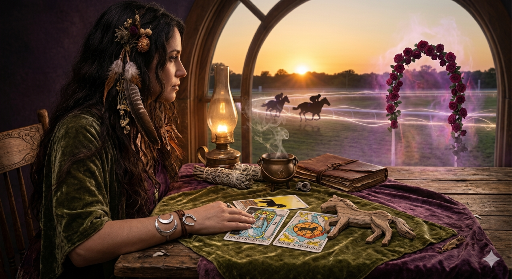 A woman with flowing hair and a moon bracelet sits at a wooden table with tarot cards and a carved wooden horse, looking out a large window at a Kentucky Derby racetrack at sunset.
