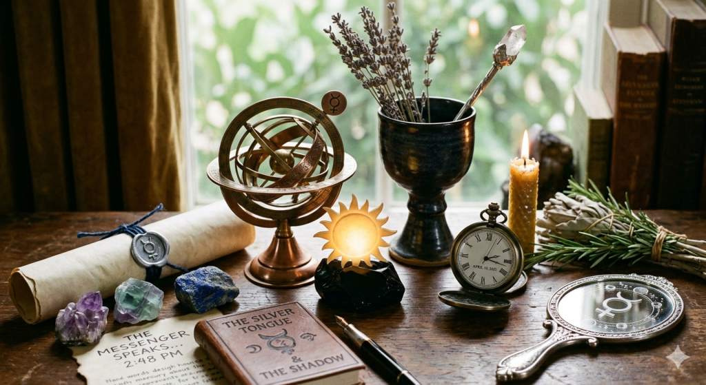 A mystical wooden desk filled with witchy artifacts including an armillary sphere, a pocket watch set to 2:48 PM, lavender, crystals, and a hand mirror with the Mercury symbol under a window.