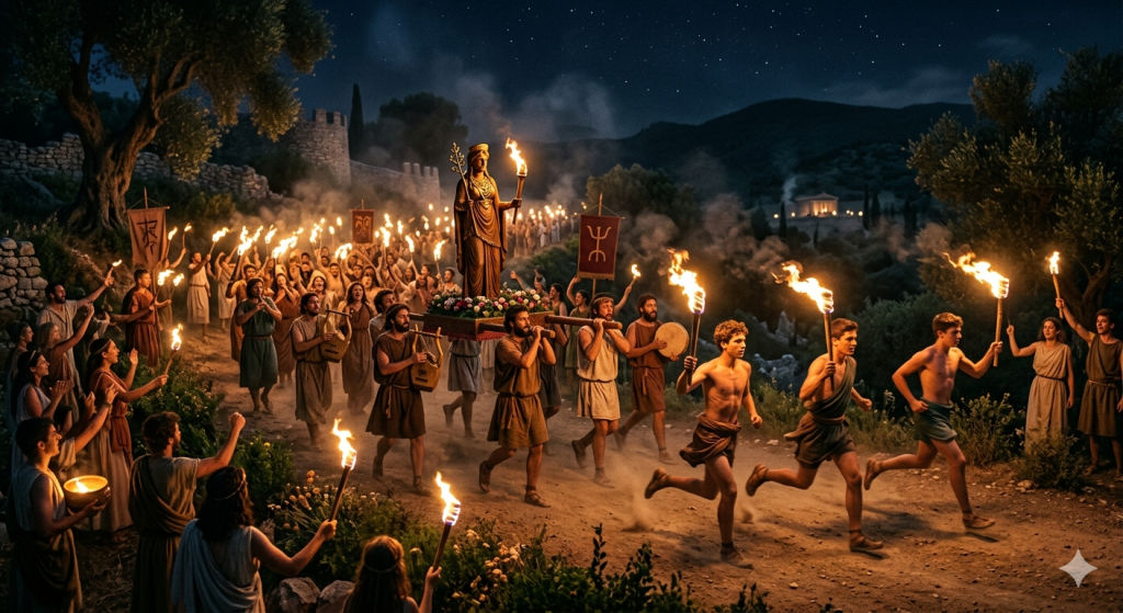 A nighttime panoramic scene depicting an ancient Greek torchlit procession and footrace on a dirt path winding through a hilly landscape. In the center, a group carries a wooden litter holding a statue of the goddess Bendis, who holds a torch and a twig. Young men with bare chests and tunics run a race in the foreground carrying blazing torches, while a large crowd of onlookers in ancient robes cheers and holds torches aloft under a starry sky.