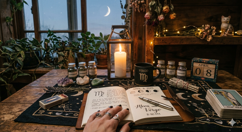 A cozy witchy desk at night featuring an open journal that reads "Moon into Virgo 8:40 PM," surrounded by crystals, herbal jars, a Virgo-themed mug, a lit lantern, and a crescent moon visible through the window.