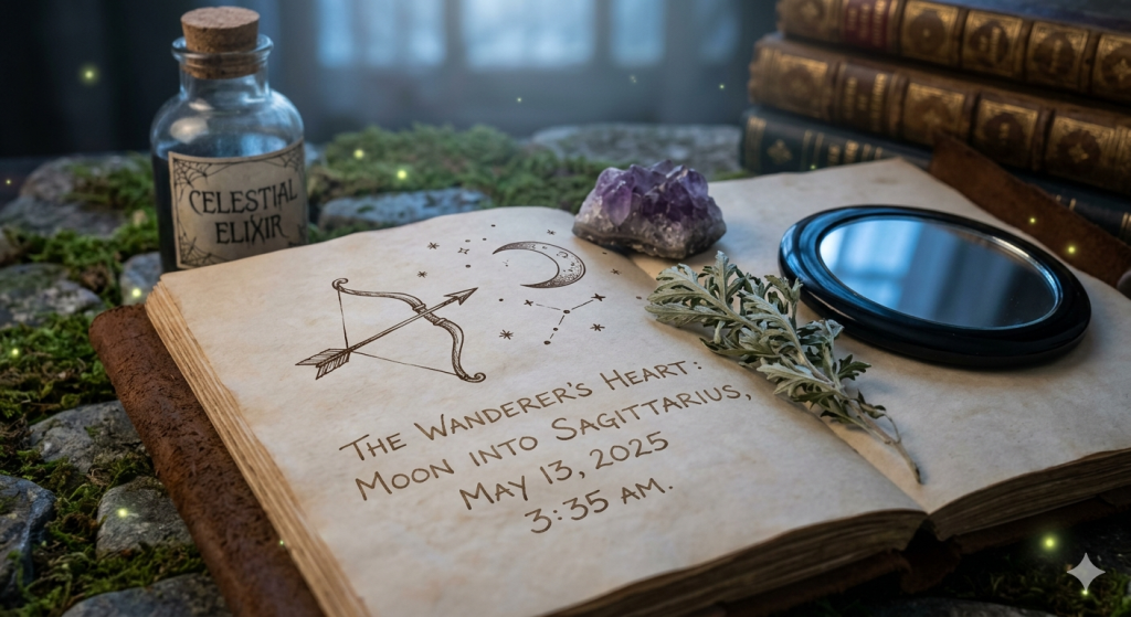 A high-angle, cinematic shot of an open, weathered leather journal resting on a mossy stone surface. The journal page features a hand-drawn illustration of a bow and arrow aimed at a crescent moon and stars, with the handwritten text "The Wanderer’s Heart: Moon into Sagittarius, May 13, 2025, 3:35 AM". The scene is surrounded by mystical items, including an amethyst crystal, a sprig of dried mugwort, a black scrying mirror, stacked antique books, and a glass bottle labeled "Celestial Elixir," all illuminated by soft, glowing green orbs of light.