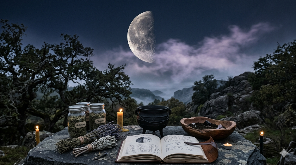 An outdoor witch's altar on a large flat stone at dusk, featuring an open journal with a moon sketch, a small black cauldron, jars of herbs, dried lavender, sage bundles, and lit candles. In the moody night sky above a misty valley, a large, detailed last quarter moon hangs amidst purple-tinted clouds.