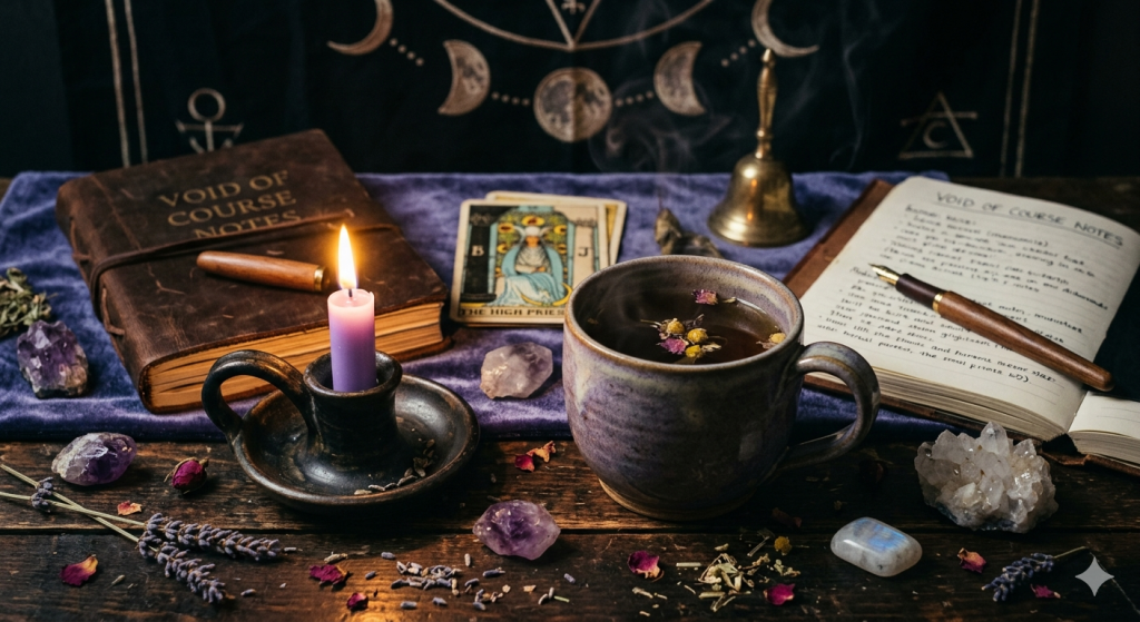 A cozy, mystical wooden desk featuring a purple candle in a black holder, a steaming mug of herbal tea with rose petals, amethyst crystals, dried lavender, and an open journal with a wooden pen. In the background, a "The High Priestess" tarot card and a moon phase tapestry complete the witchy aesthetic.