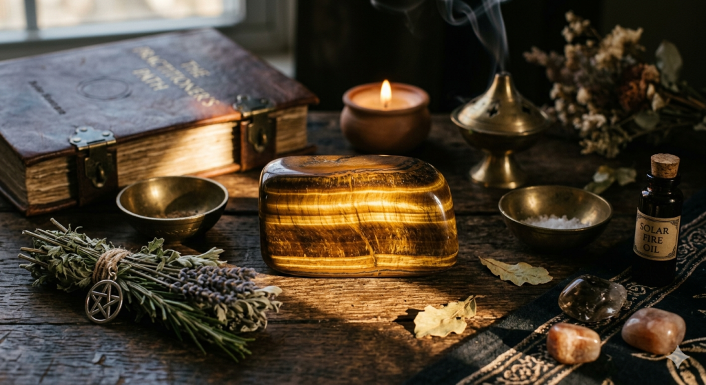 A polished Tiger’s Eye stone centered on a practitioner's wooden altar, surrounded by ritual tools.