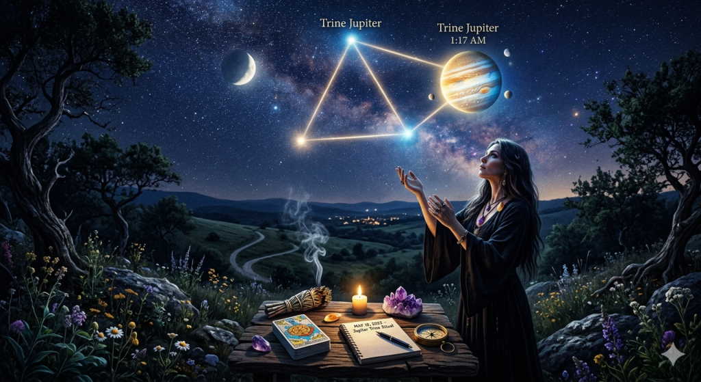 A mystical woman in a black gown standing at an outdoor altar under a starry night sky, looking up at a glowing geometric trine alignment connecting to the planet Jupiter