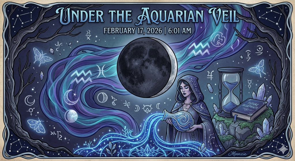 A mystical, artistic illustration of a hooded figure holding a vessel of glowing water under a dark moon, with an hourglass, a book titled "Future Blueprints," and crystals against a cosmic background.