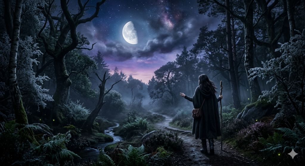 A witch in a dark hooded cloak stands on a misty forest path at dawn, looking toward a bright half-moon in a deep indigo sky filled with stars and faint nebulae.