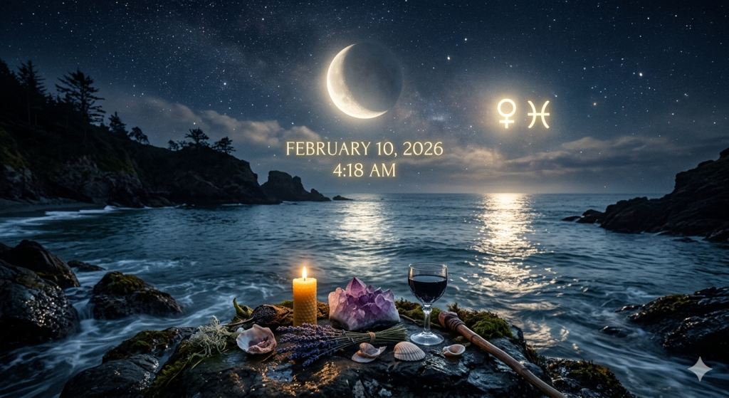 A mystical, witchy setup on a dark rock overlooking a moonlit ocean at night, featuring a burning beeswax candle, an amethyst cluster, a glass of dark wine, dried lavender, and seashells, with the astrological symbols for Venus and Pisces glowing in the starry sky above.