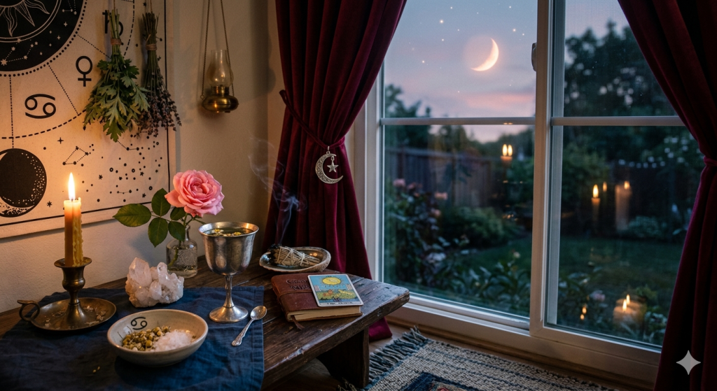 A cozy indoor witchy altar by a large window at dusk, featuring a beeswax candle, a pink rose in a glass vase, a silver chalice, crystals, a tarot card resting on a leather journal, and dried herbs hanging on the wall under an astrological chart. Deep red velvet curtains frame the view of a crescent moon in the twilight sky outside.