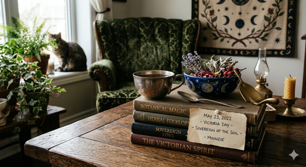 A cozy, witchy parlor scene featuring a stack of vintage books on a wooden table, a silver teacup, and a ceramic bowl filled with dried botanical herbs. In the background, a green velvet armchair sits near a window filled with potted plants and a domestic cat looking outside.