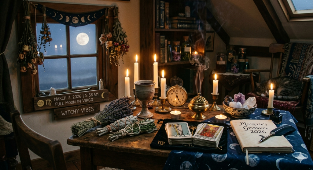 A cozy, dimly lit witchcraft room at dawn featuring an altar table arranged with tarot cards, dried lavender, sage bundles, a silver chalice, and burning candles, with a full moon visible through a window labeled March 3, 2026, 5:38 AM.