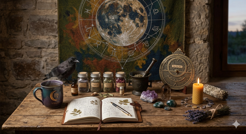 A high-angle shot of a rustic wooden desk featuring an open grimoire, herbal jars labeled with witchy ingredients, an ornate brass astrolabe dated May 9, 2022, and a mug with the Virgo zodiac symbol against a stone wall background.
