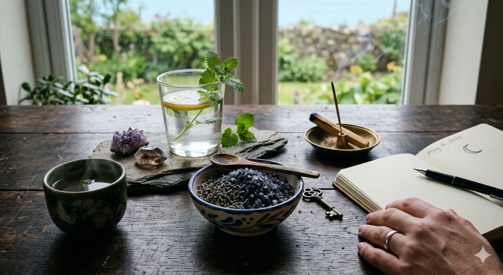 A top-down view of a rustic wooden desk featuring a journal dated May 16, 2025, a glass of water with lemon and mint, a bowl of dark ritual salts, burning incense, and crystals near a window.