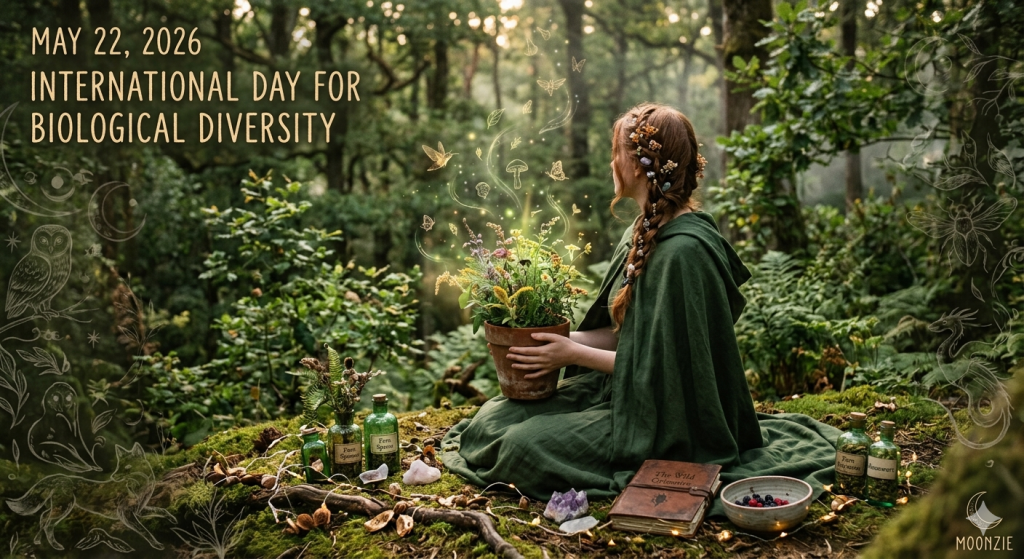 A woman in a green hooded cloak sits in a lush, mossy forest holding a potted plant of wildflowers glowing with magical light particles that shape into butterflies and mushrooms. In the corner text reads 'May 22, 2026, International Day for Biological Diversity.'