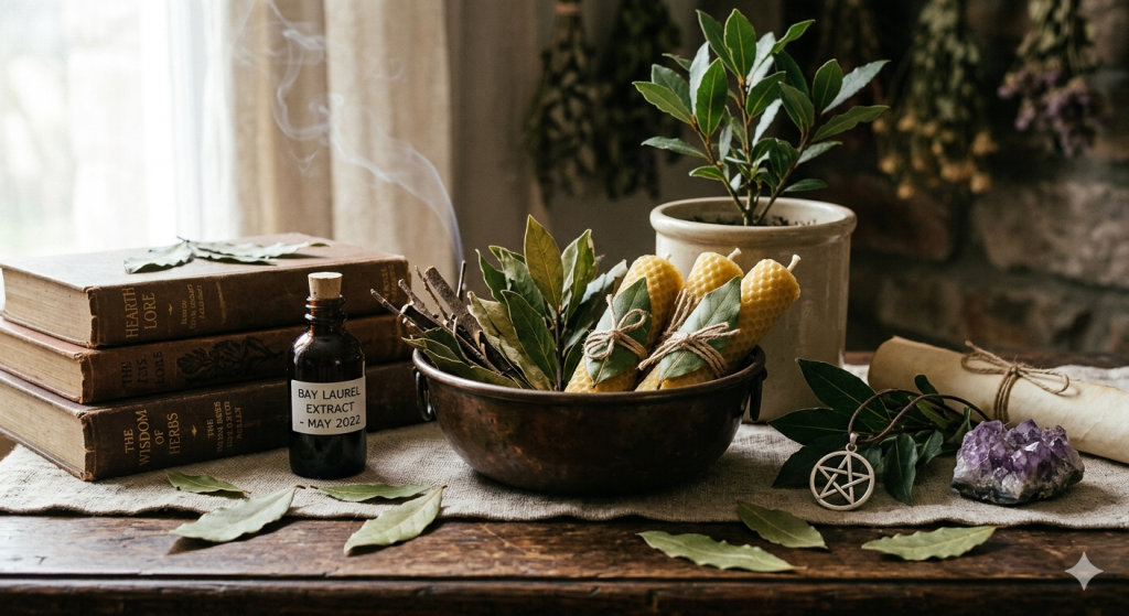 A mystical kitchen scene featuring an antique copper bowl filled with bay leaves and bundled beeswax candles, set alongside vintage herbalism books and a small "Bay Laurel Extract" bottle on a rustic wooden table.