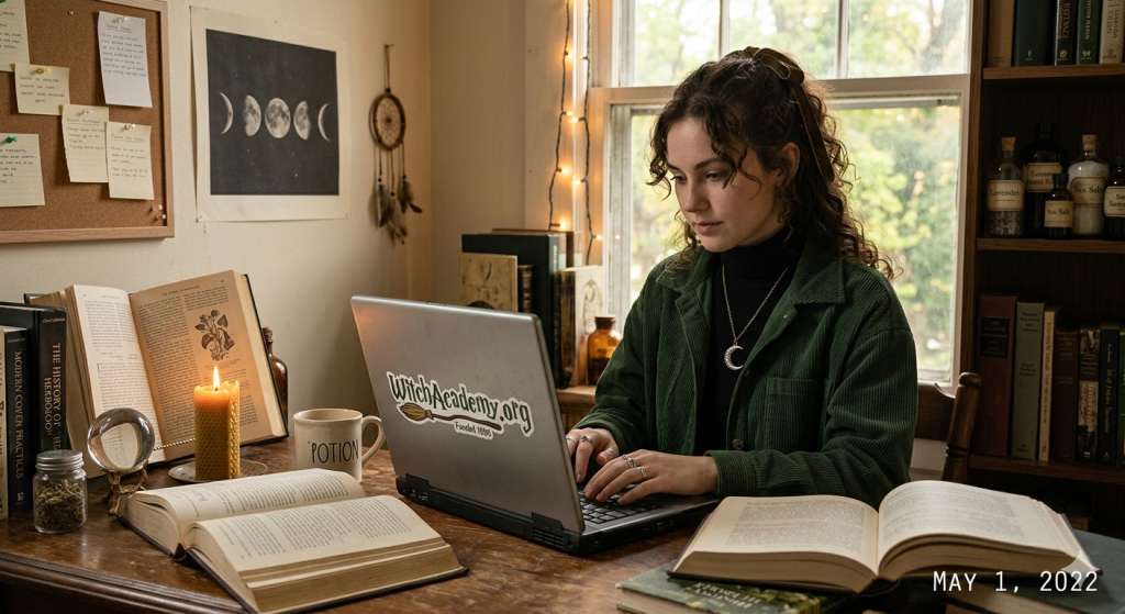 A young woman with curly hair wearing a green corduroy shirt and a crescent moon necklace sits at a wooden desk filled with open books, a crystal ball, and a beeswax candle. She is typing on a laptop that features a "WitchAcademy.org - Founded 1996" sticker on the lid.