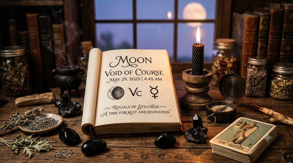 A cozy, witchy wooden desk setup at night featuring an open vintage book that reads "Moon Void of Course, May 29, 2023 | 4:45 AM." Surrounding the book are tarot cards, a burning black candle, crystals, dried herbs, and a window in the background showing a full moon.