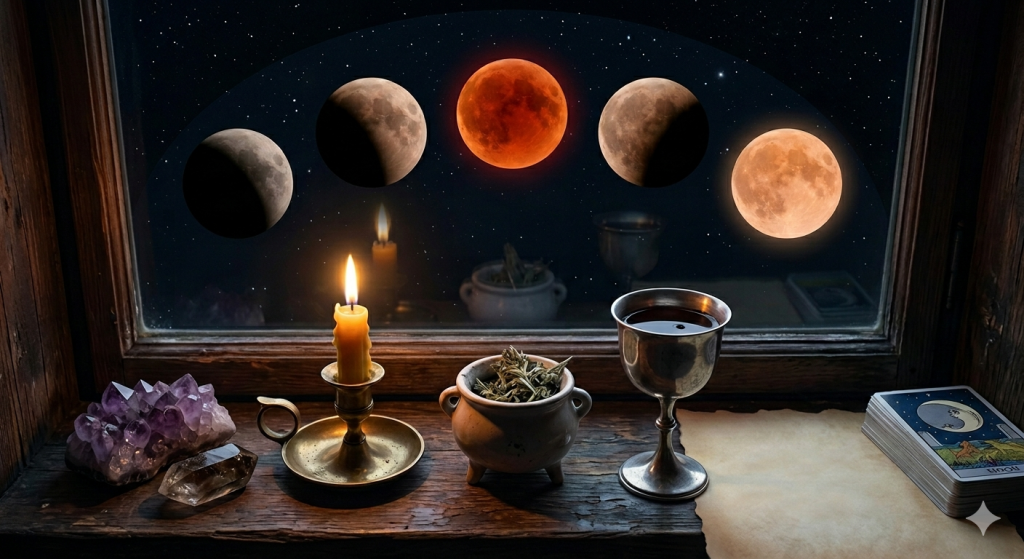 A cozy, rustic wooden windowsill at night holding a lit beeswax candle, purple amethyst cluster, cauldron with herbs, silver chalice with red liquid, and a tarot deck. Looking out the window, five progressive phases of a total lunar eclipse are visible in a starry night sky, with the central moon glowing blood-red.
