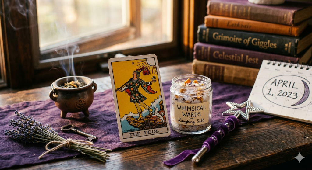 A mystical wooden tabletop featuring The Fool tarot card, a jar of 'Whimsical Wards' salt, a smoking cauldron, and a calendar set to April 1, 2023.
