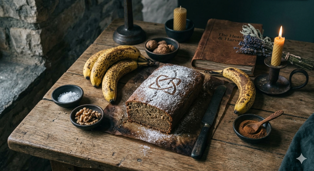 A rustic kitchen table scene featuring a loaf of homemade banana bread dusted with flour in the shape of a Celtic knot, surrounded by overripe bananas, bowls of walnuts and sea salt, a small dish of cinnamon, an old leather-bound book, and a lit beeswax candle.