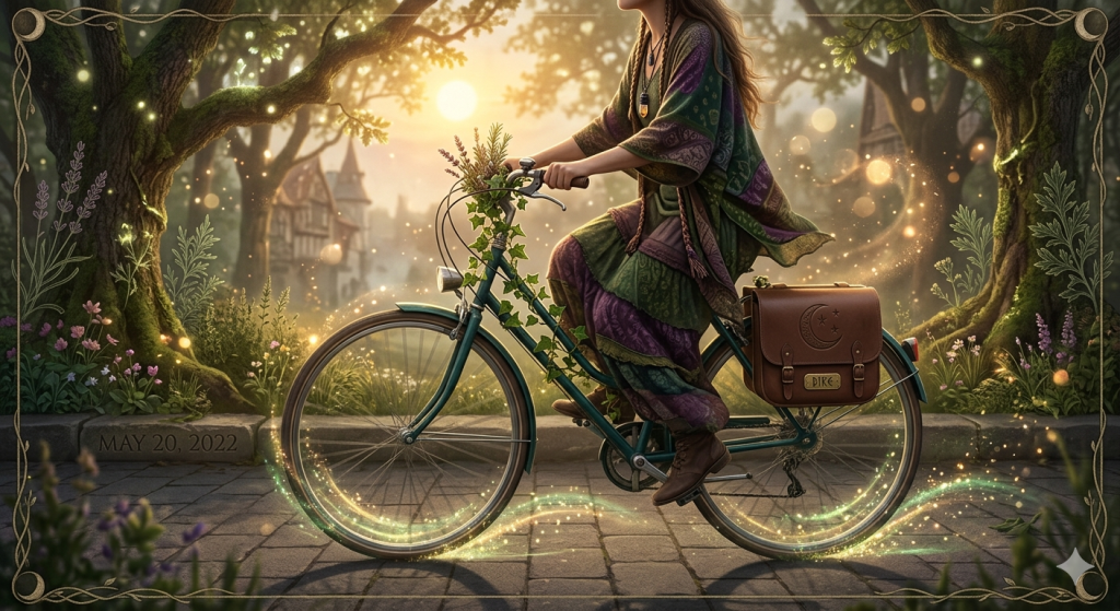 Side view of a person riding a vintage teal bicycle down a stone path at sunrise, dressed in flowing green and purple bohemian robes. The bicycle handlebars are wrapped in green ivy and lavender blossoms, and a brown leather saddlebag with an engraved crescent moon and stars hangs over the rear wheel. Shimmering, golden magical trails swirl around the spinning tires.