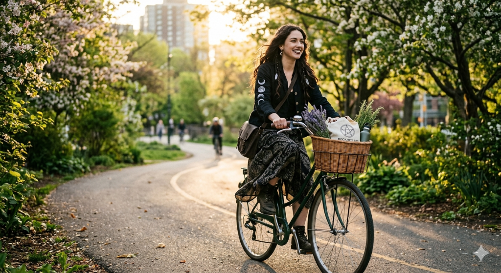 A woman with long dark hair and moon-phase embroidery on her jacket smiles while riding a vintage green bicycle down a sun-drenched, tree-lined path. Her wicker basket is filled with fresh lavender and rosemary.