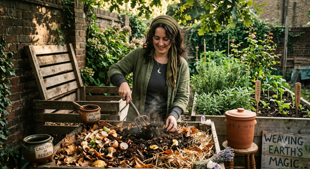 A woman with long dark hair, wearing a green headscarf, a green shirt, and a crescent moon necklace, smiles as she uses a small pitchfork to turn steaming soil and kitchen scraps in a wooden backyard compost bin. The compost contains eggshells and apple cores. Raised garden beds, clay pots, and a brick wall are in the background.