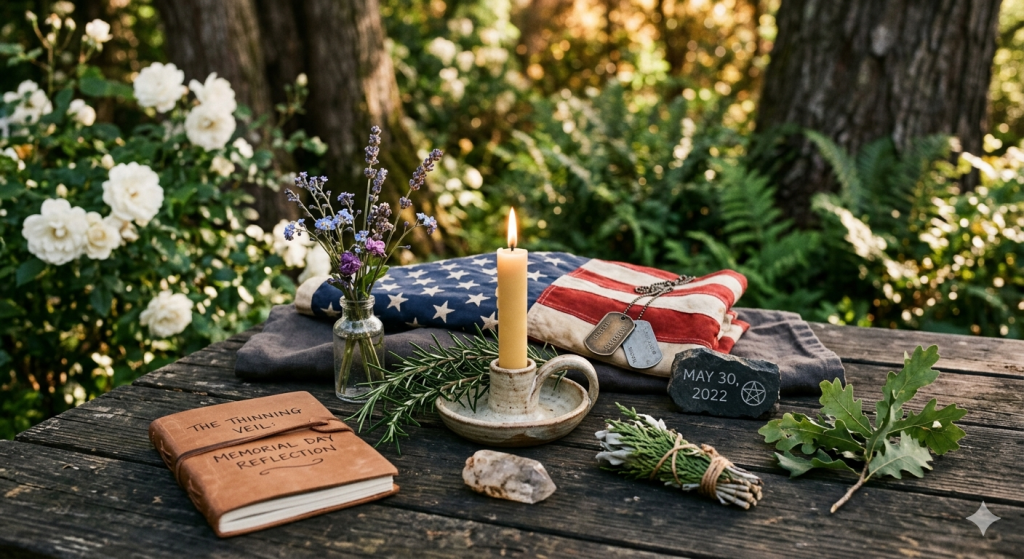 A rustic, witchy outdoor altar for Memorial Day featuring a folded American flag, military dog tags, a lit candle, and a stone marked with "MAY 30, 2022" and a pentacle, surrounded by nature and flowers.