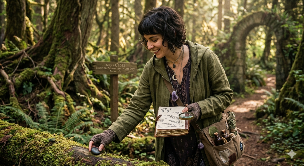 A smiling woman with dark hair in a green hooded jacket and fingerless gloves picks up a smooth stone from a moss-covered log in a sunlit forest. She holds an open leather journal with symbols and a magnifying glass, wearing a crescent moon necklace and a canvas messenger bag filled with glass bottles and herbs.