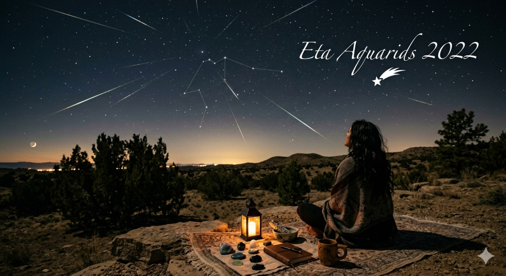 A person wrapped in a patterned shawl sits on a rug in a desert landscape at night, looking up at a meteor shower radiating from the Aquarius constellation.
