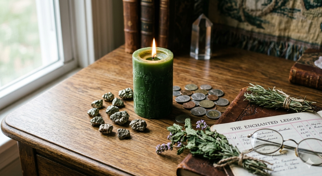 A mystical workspace featuring a green candle, crystals, and dried mint leaves on a wooden desk.