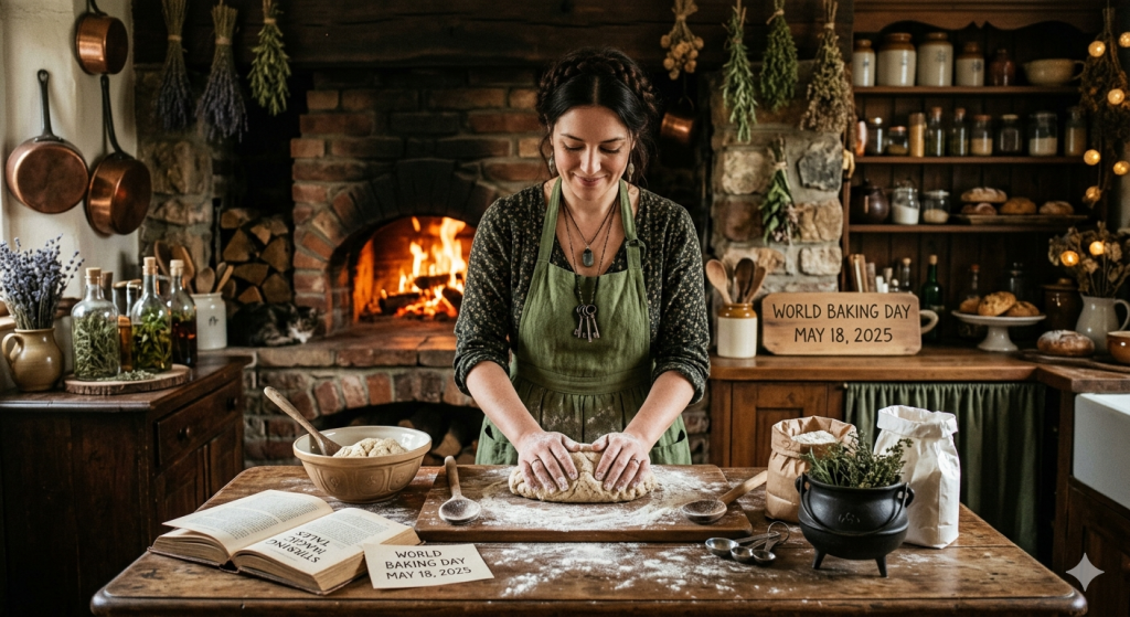 A woman with braided hair wearing a green apron kneads dough on a wooden table in a rustic, witchy kitchen with a brick hearth fire, hanging herbs, and a small cauldron.