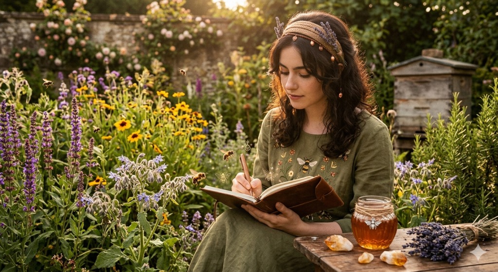 A woman with long dark hair wearing a green linen dress sits in a lush cottage garden, writing in a leather journal. She is surrounded by blooming lavender, borage, and yellow wildflowers with honeybees flying around her. A rustic wooden table beside her holds a jar of honey, crystals, and a bundle of dried lavender, with a wooden beehive visible in the background under warm sunlight.