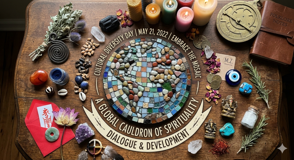 A flat-lay view of a wooden altar featuring a circular stone mosaic of the Earth surrounded by mystical items like crystals, herbs, candles, an evil eye amulet, a small Ganesha statue, and a leather folklore journal.
